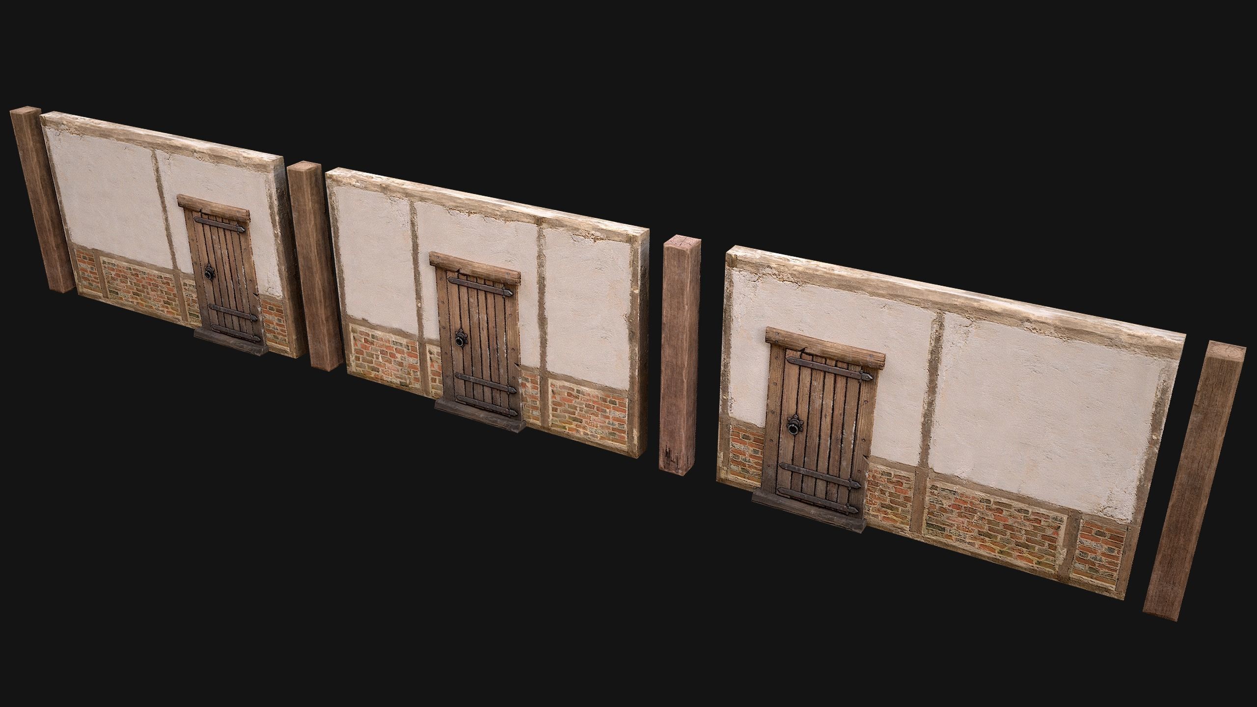 Medieval Door and Wall Low-poly 3D model_5
