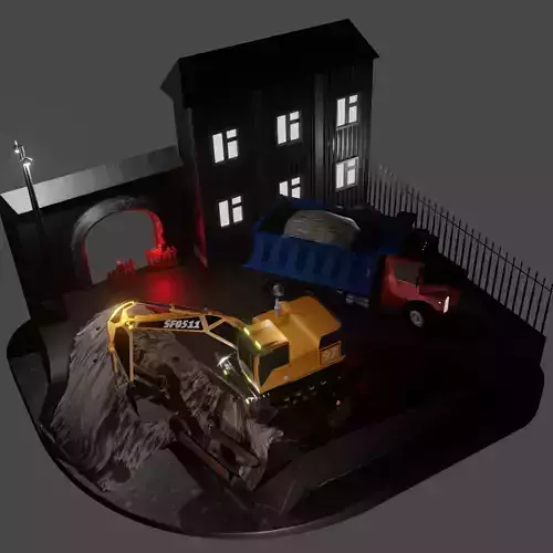 repair night excavator truck panorama 