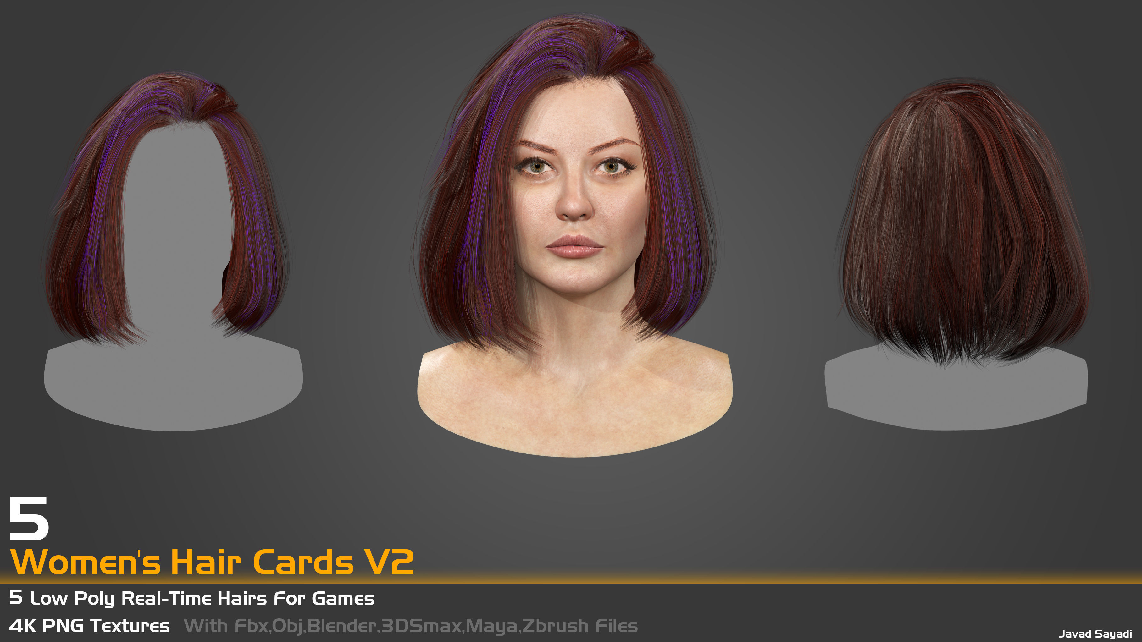 5 low poly real time hair cards for games Low-poly 3D model_11