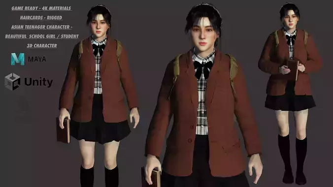 AAA 3D REALISTIC CHARACTER ASIAN TEENAGER- STUDENT SCHOOL GIRL 2 Low-poly 3D model