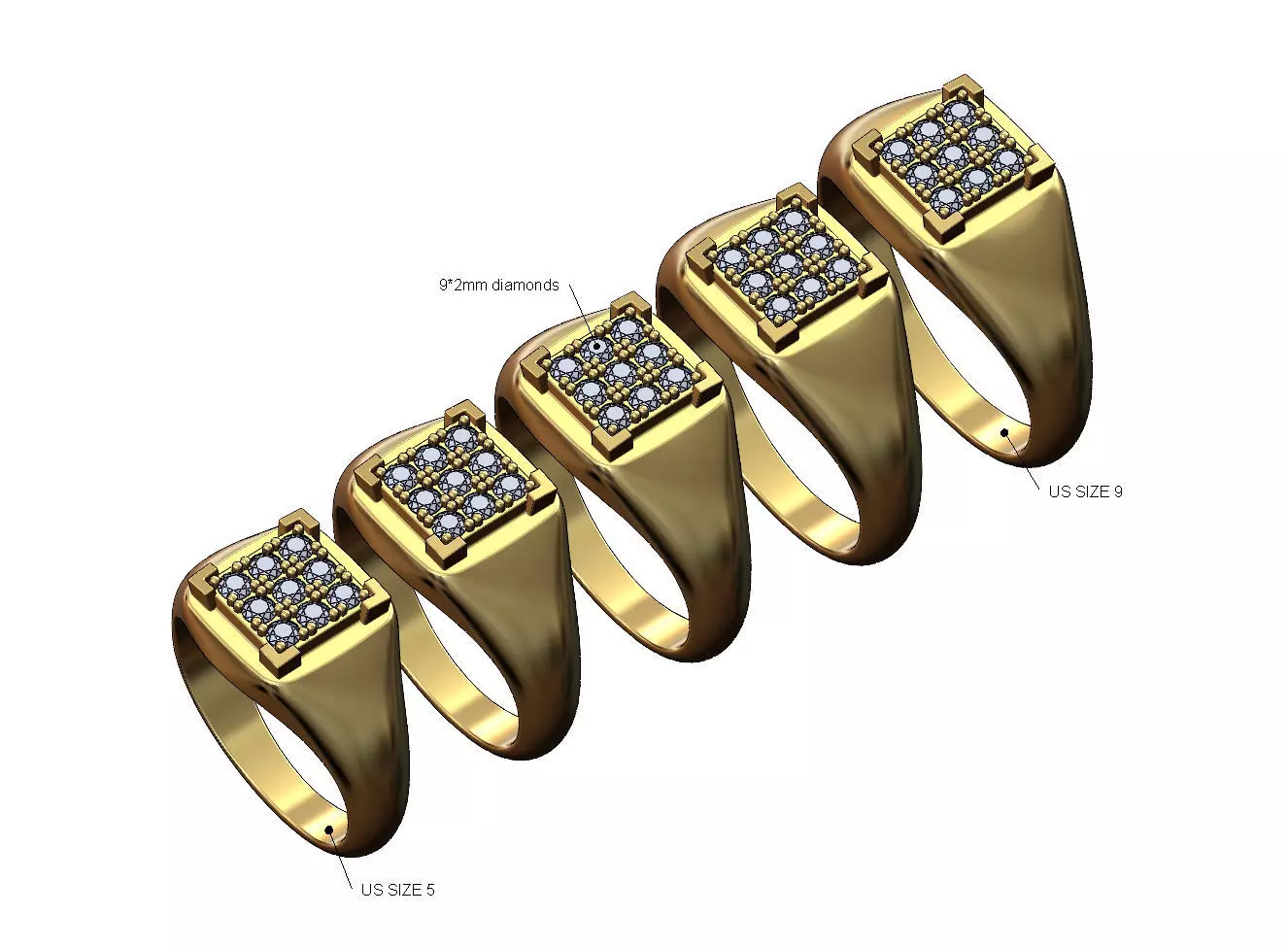 Square diamond bezel cluster fashion ring US sizes 5to9 3D print model