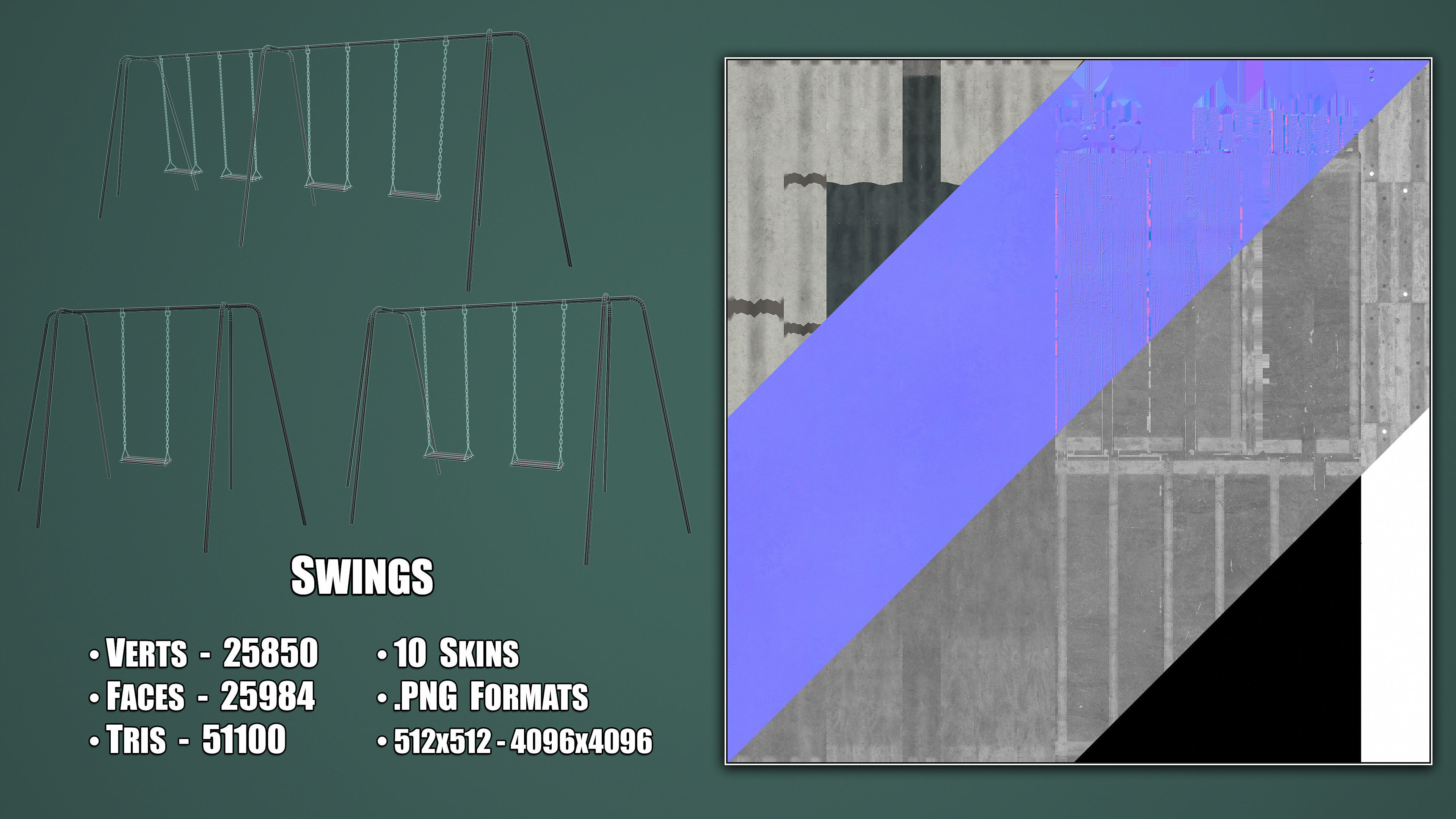 Set of 3 Painted Playground Swings Low-poly 3D model_3