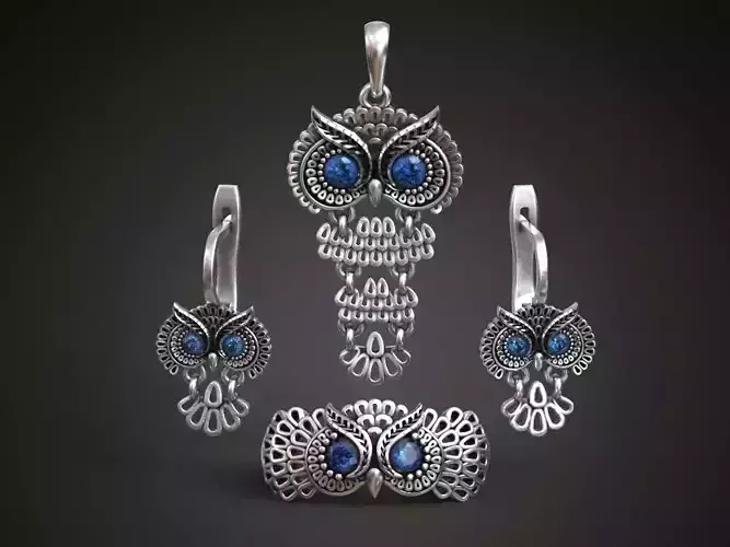 Owl Ring Pendant and Earrings Jewelry Set for Women 3D print model