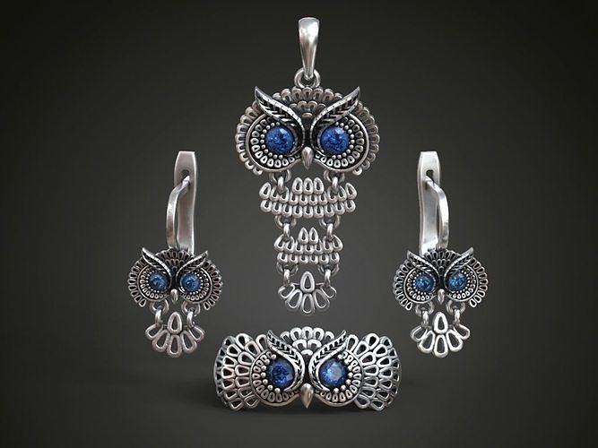 Owl ring pendant earrings set 3D print model