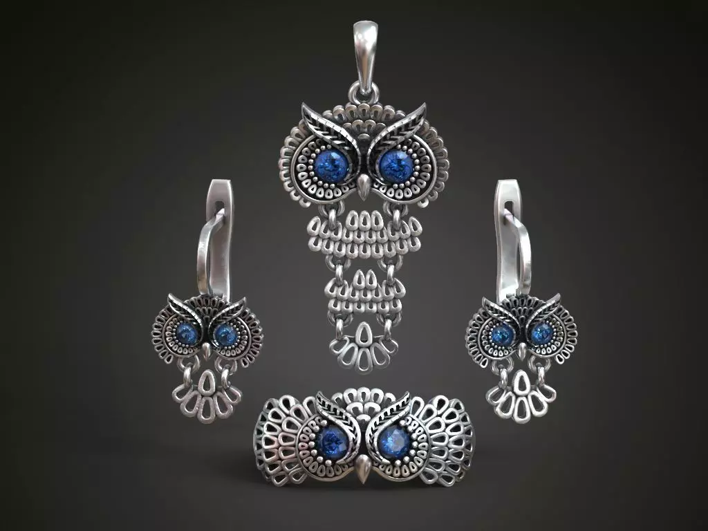 Owl Ring Pendant and Earrings Jewelry Set for Women 3D print model_0