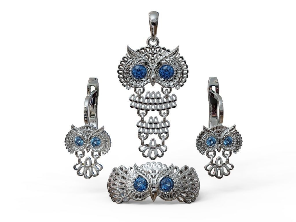 Owl Ring Pendant and Earrings Jewelry Set for Women 3D print model_7
