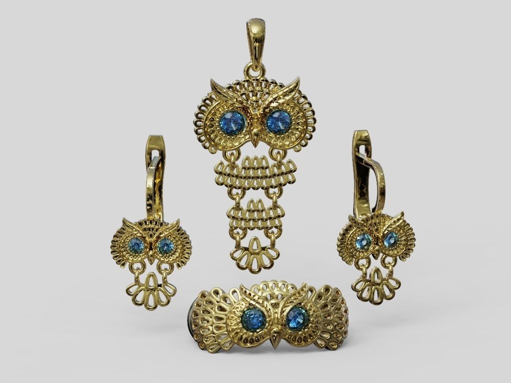 Owl Ring Pendant and Earrings Jewelry Set for Women 3D print model_6