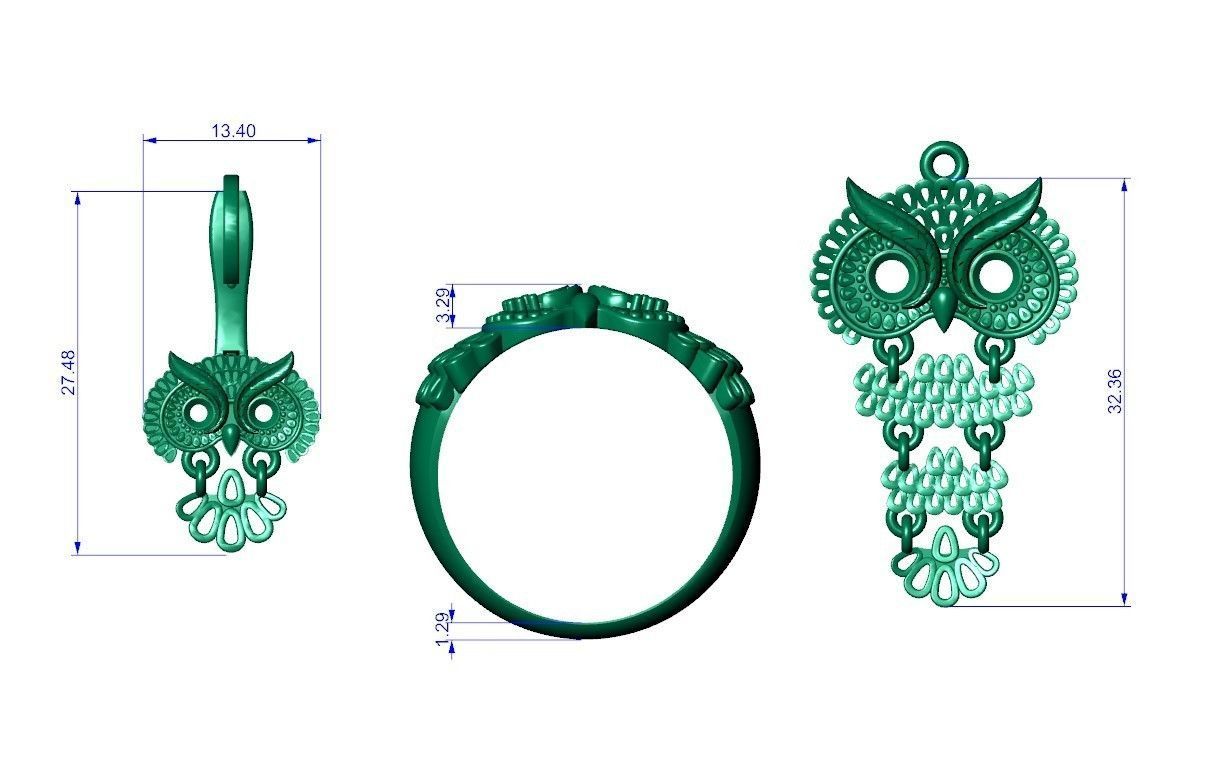 Owl Ring Pendant and Earrings Jewelry Set for Women 3D print model_9