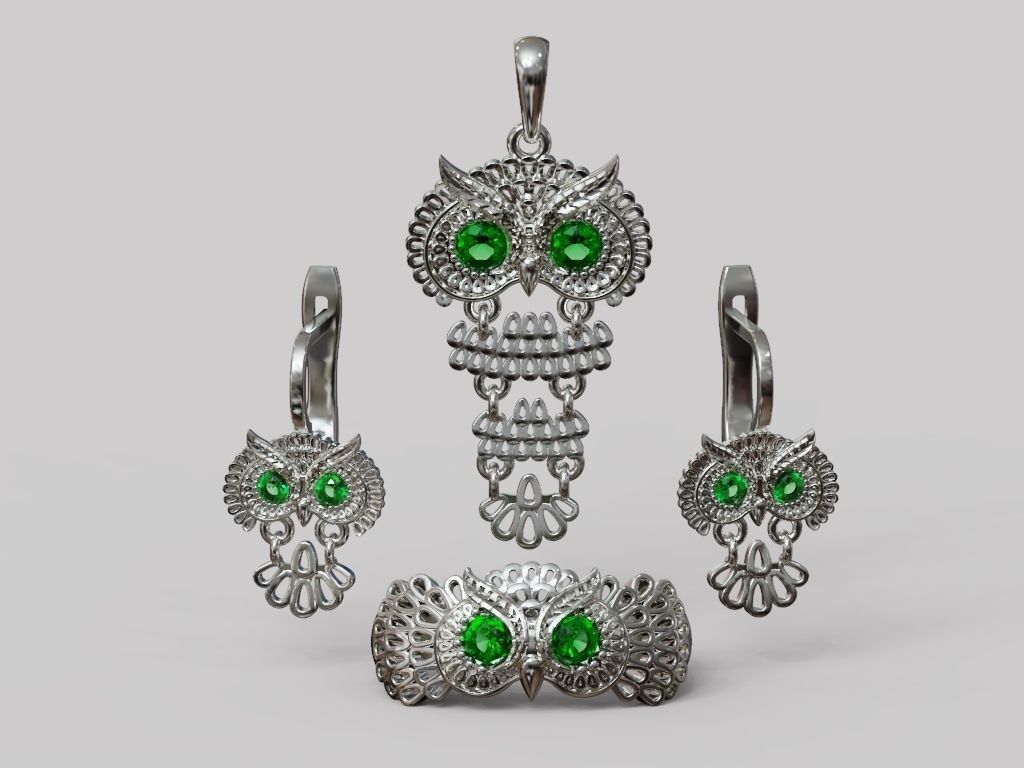 Owl Ring Pendant and Earrings Jewelry Set for Women 3D print model_5