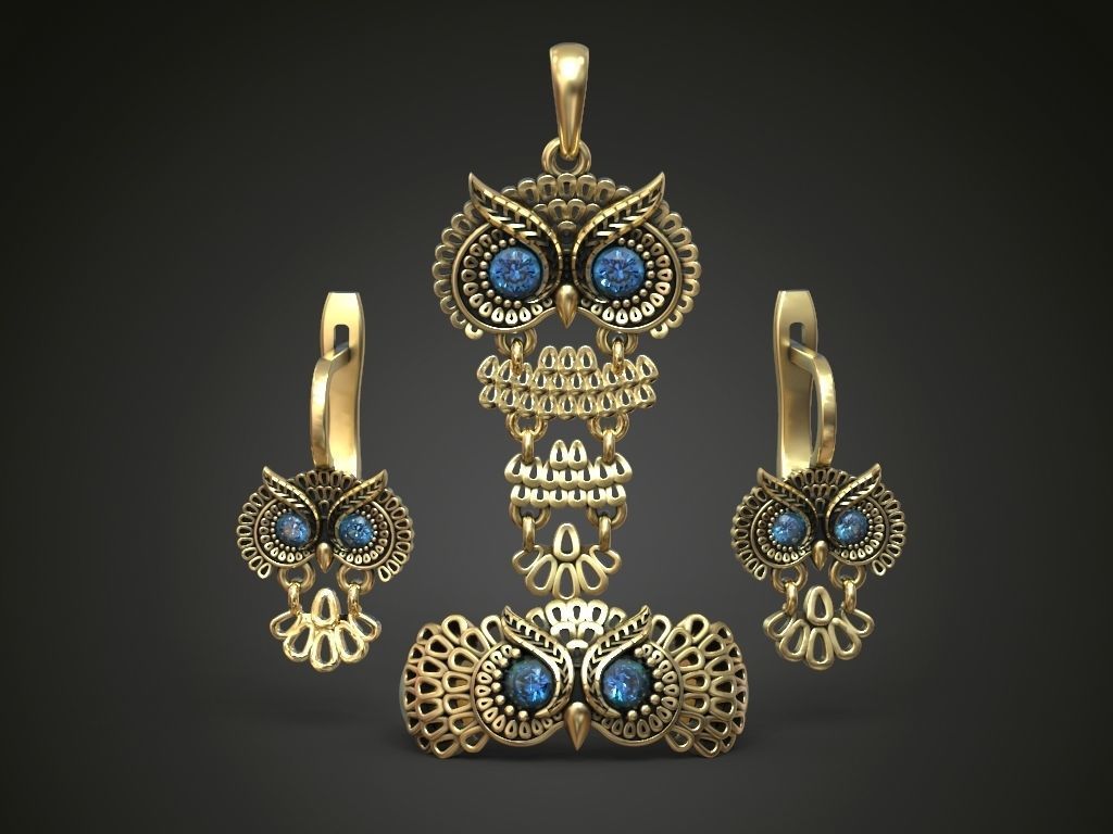 Owl Ring Pendant and Earrings Jewelry Set for Women 3D print model_1