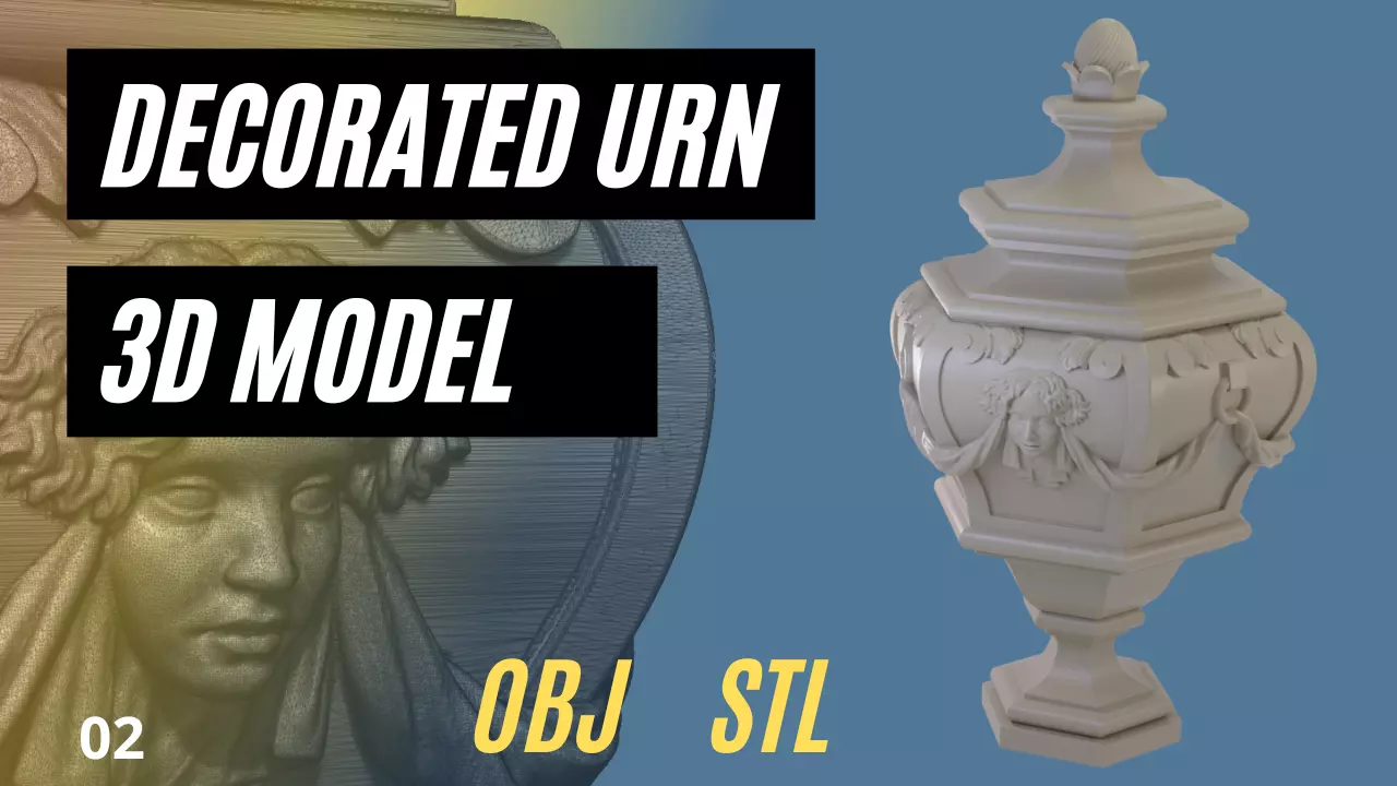 Hexagonal Urn with Female Faces and Drapery Decorations 3D model_0