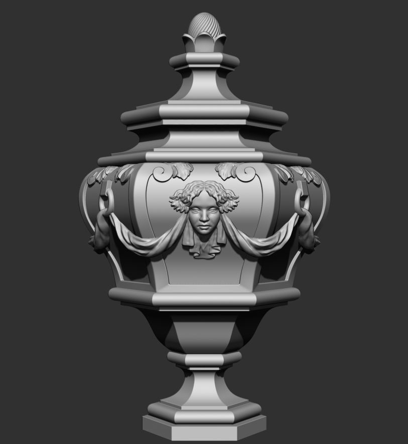 Hexagonal Urn with Female Faces and Drapery Decorations 3D model_3