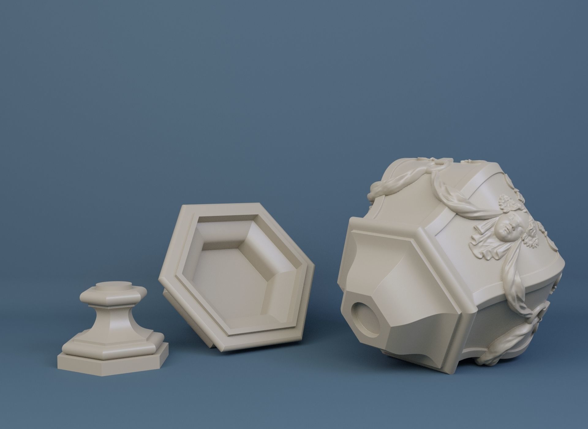 Hexagonal Urn with Female Faces and Drapery Decorations 3D model_2
