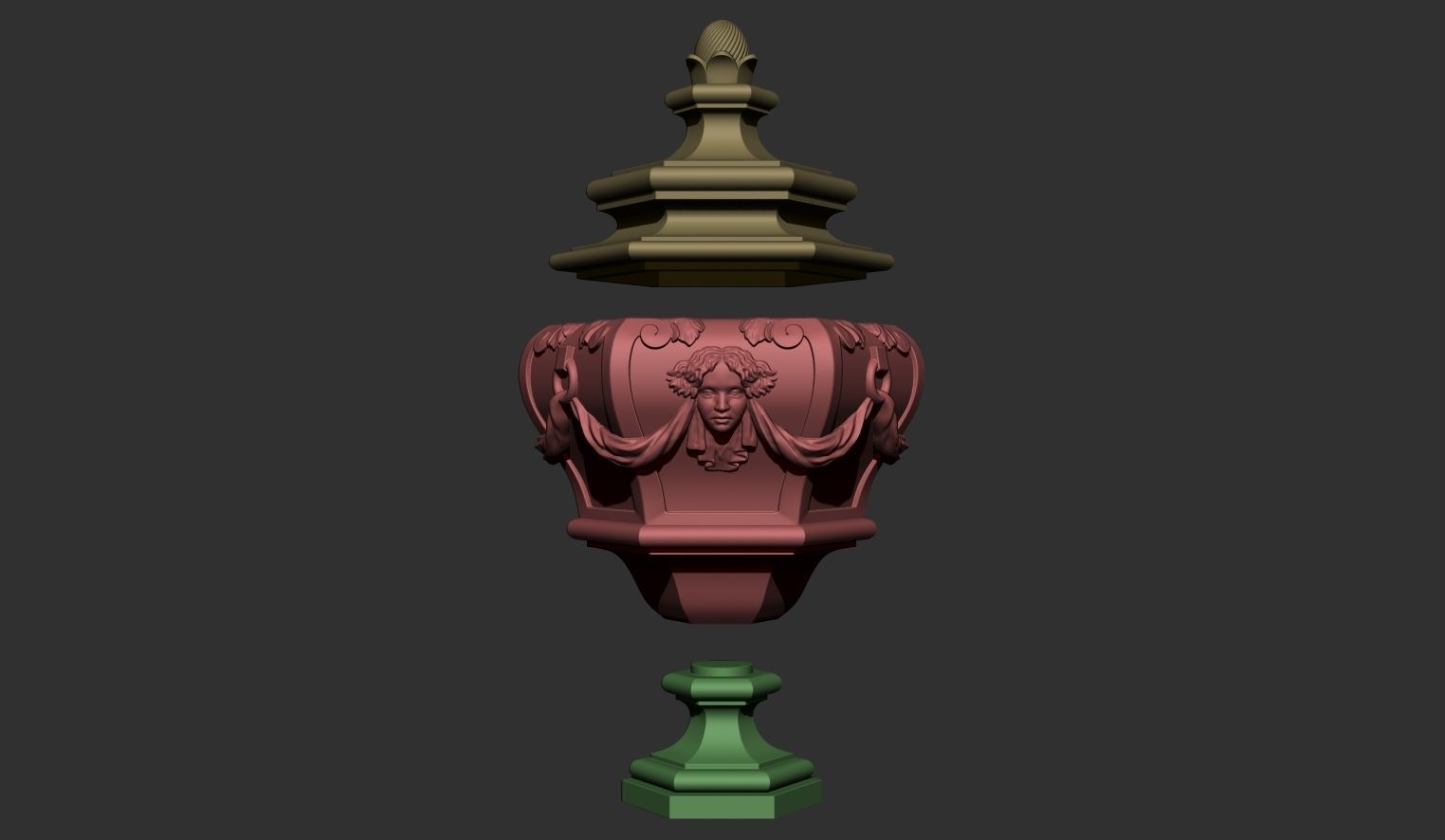 Hexagonal Urn with Female Faces and Drapery Decorations 3D model_9