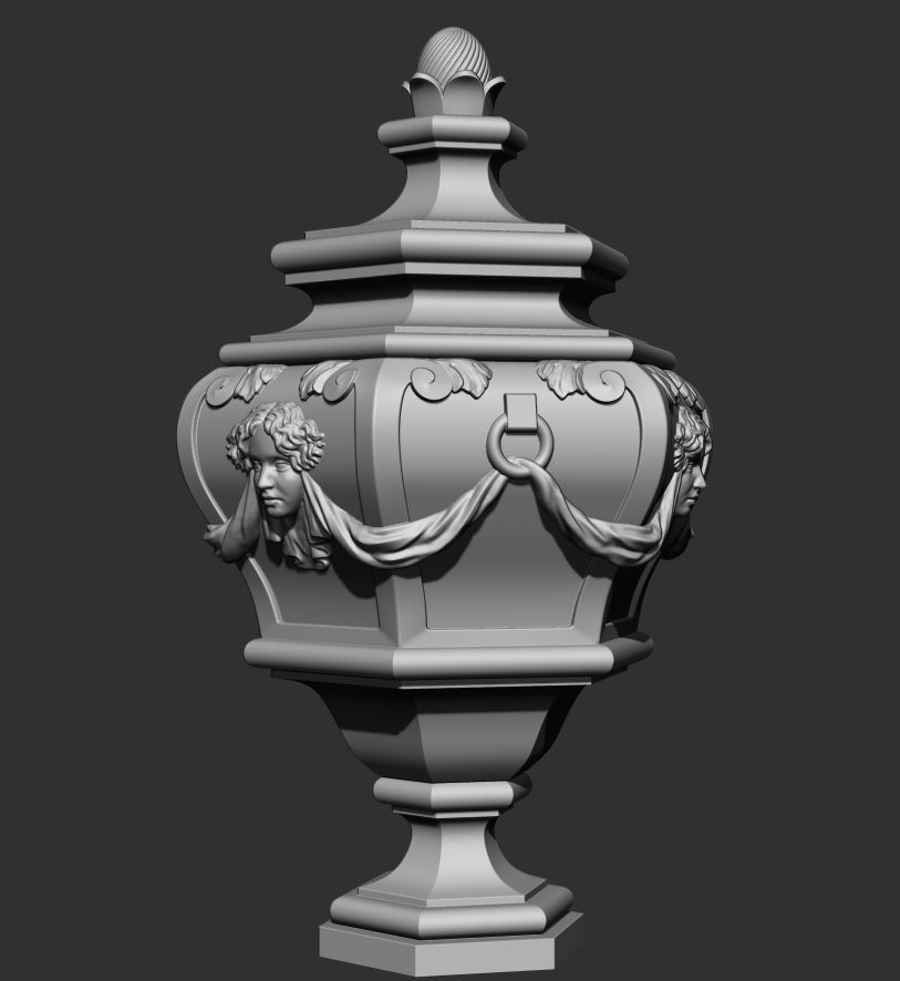 Hexagonal Urn with Female Faces and Drapery Decorations 3D model_5