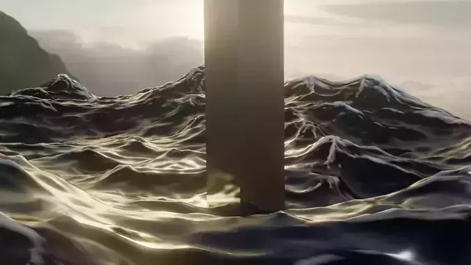 ocean with foam and 360 sky with montains and with sun