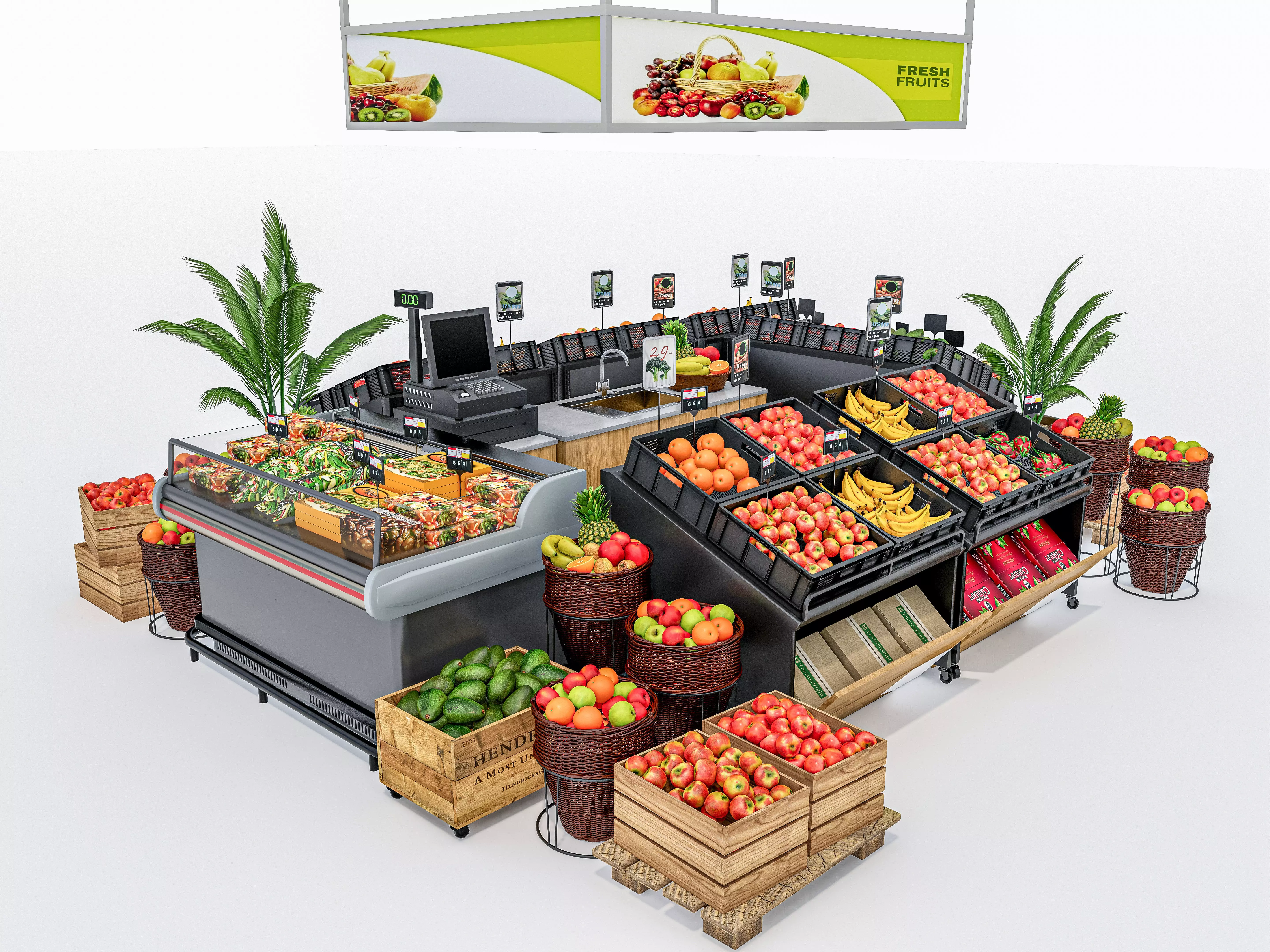 Fruits and vegetables Supermarket Grocery store showcase 3D model_0