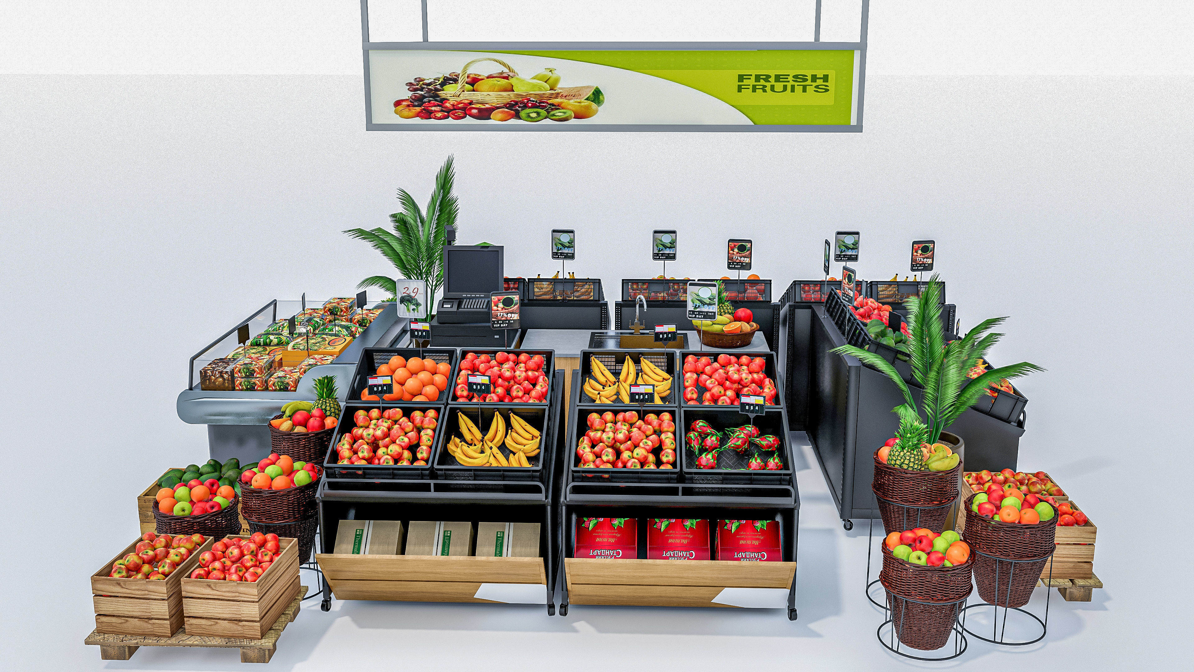 Fruits and vegetables Supermarket Grocery store showcase 3D model_1