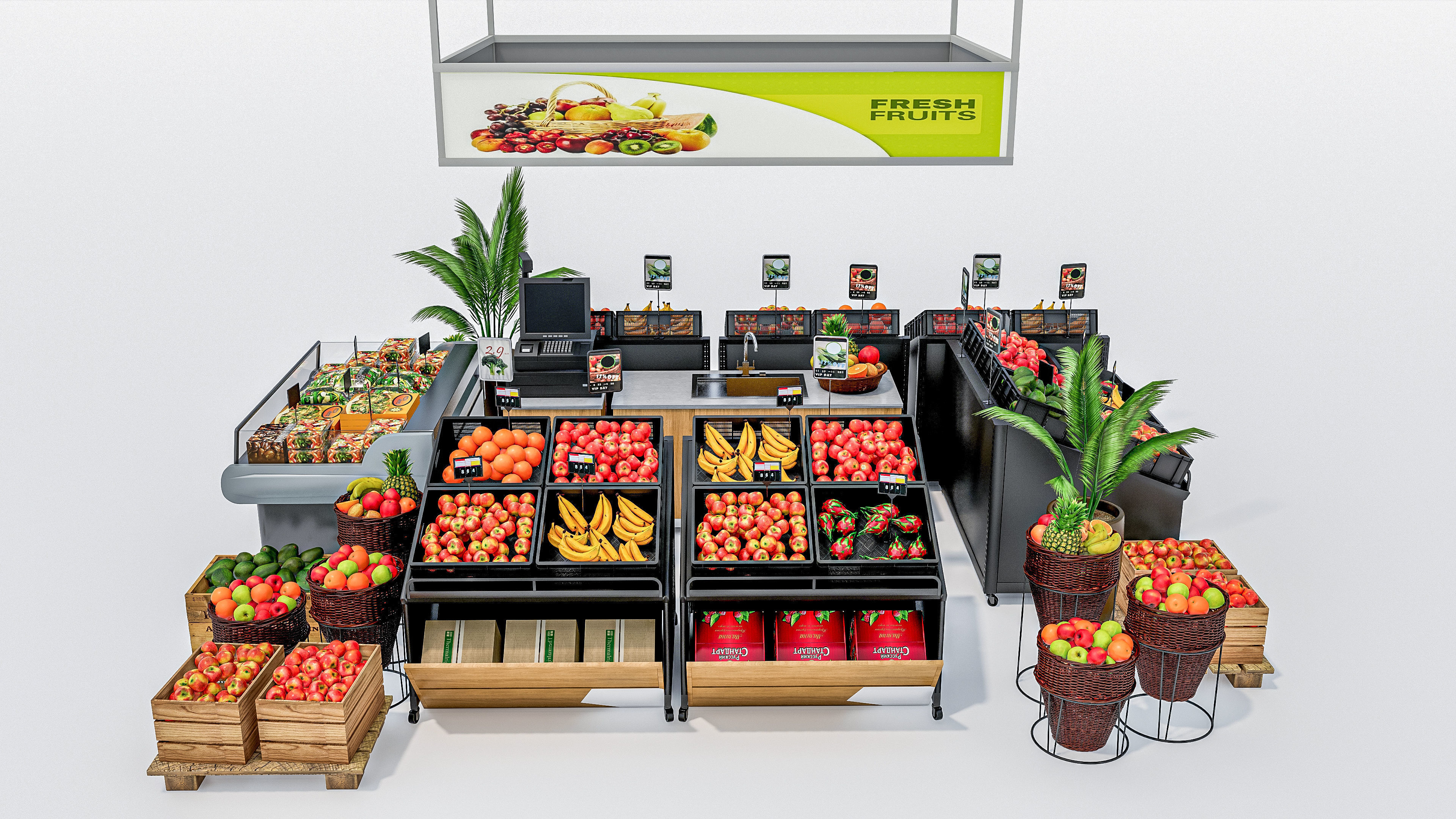 Fruits and vegetables Supermarket Grocery store showcase 3D model_2