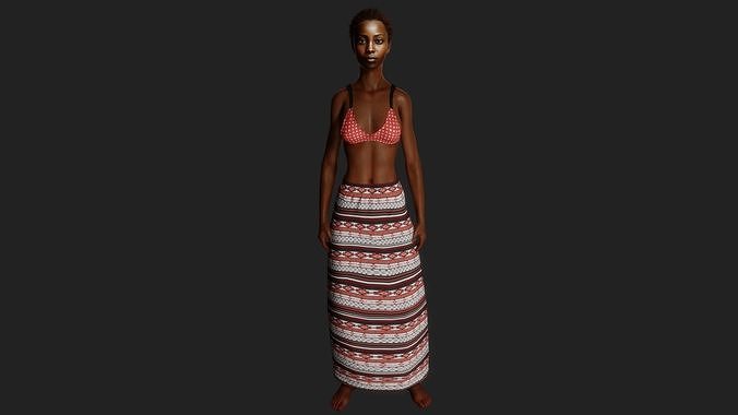 Model of a Young Dark-Skinned Woman in Traditional Attire 3D model
