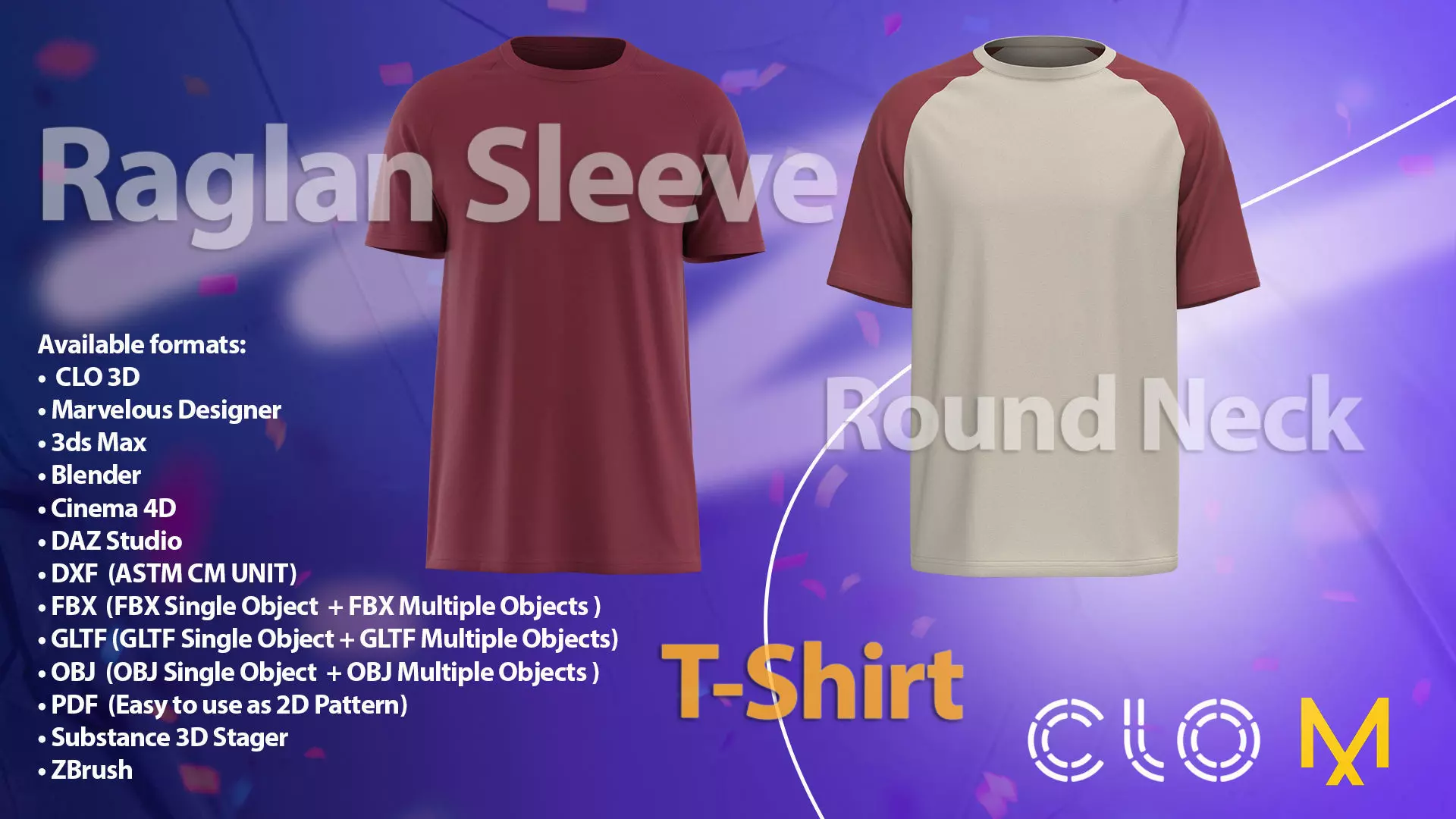 Two Raglan Sleeve T-Shirt in CLO and Marvelous Designer 3D Model Collection_0