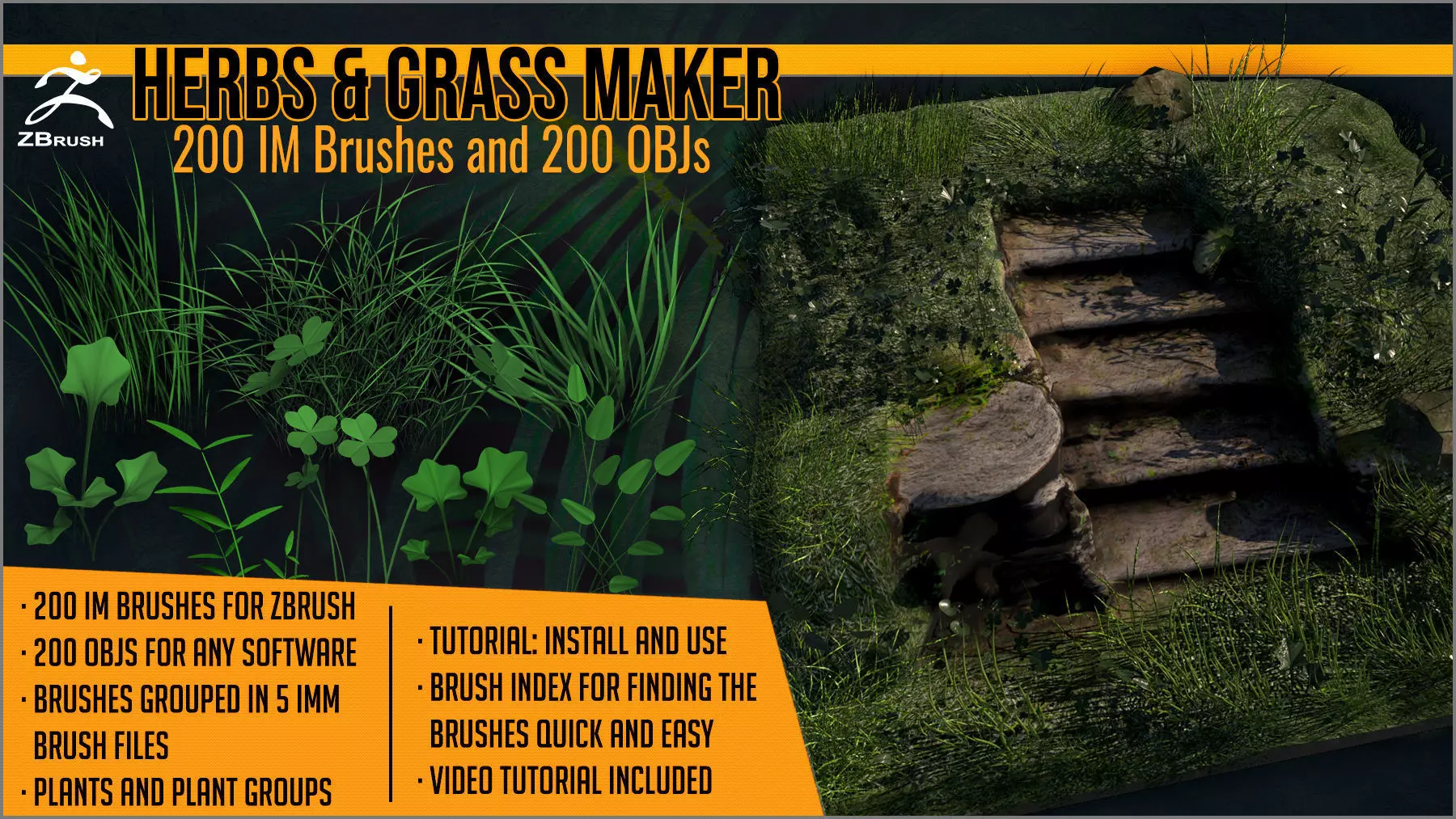 Herbs and Grass Maker 200 ZBrush IM Brushes and 200 OBJs 3D model_0