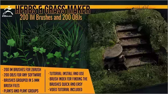 Herbs and Grass Maker 200 ZBrush IM Brushes and 200 OBJs
