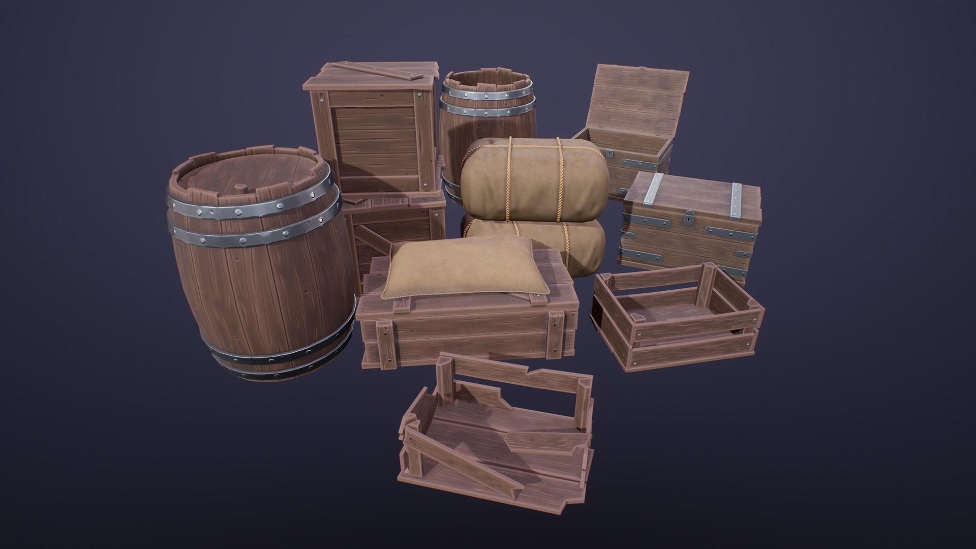 Stylized Medieval Boxes And Packages Low-poly 3D model_1
