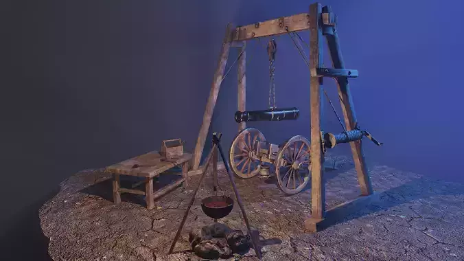 Repair of cannon on wheels Low-poly 3D model