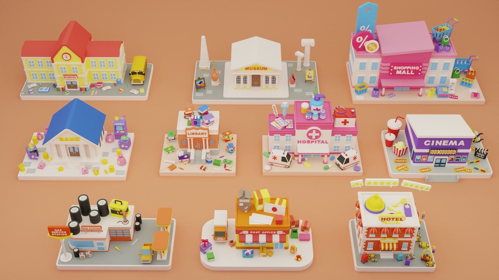 Cartoon Public Buildings Islands Exteriors Low-poly 3D model_2