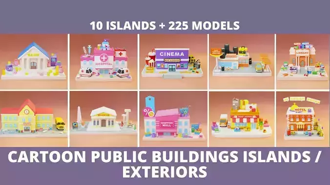 Cartoon Public Buildings Islands Exteriors Low-poly 3D model