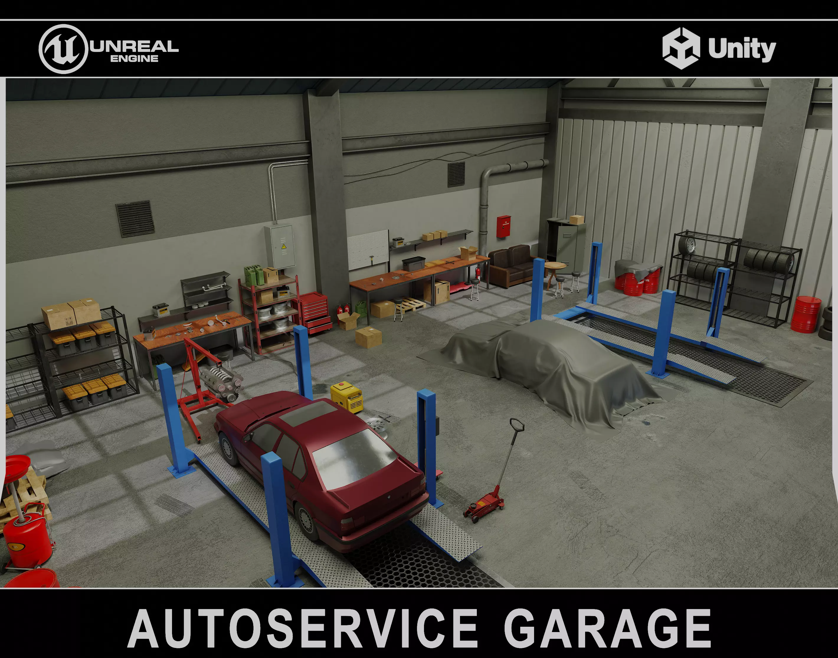 Auto Service Garage Assets Pack  Low-poly 3D model_0