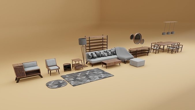 Wooden Living Room Asset Low-poly 3D model