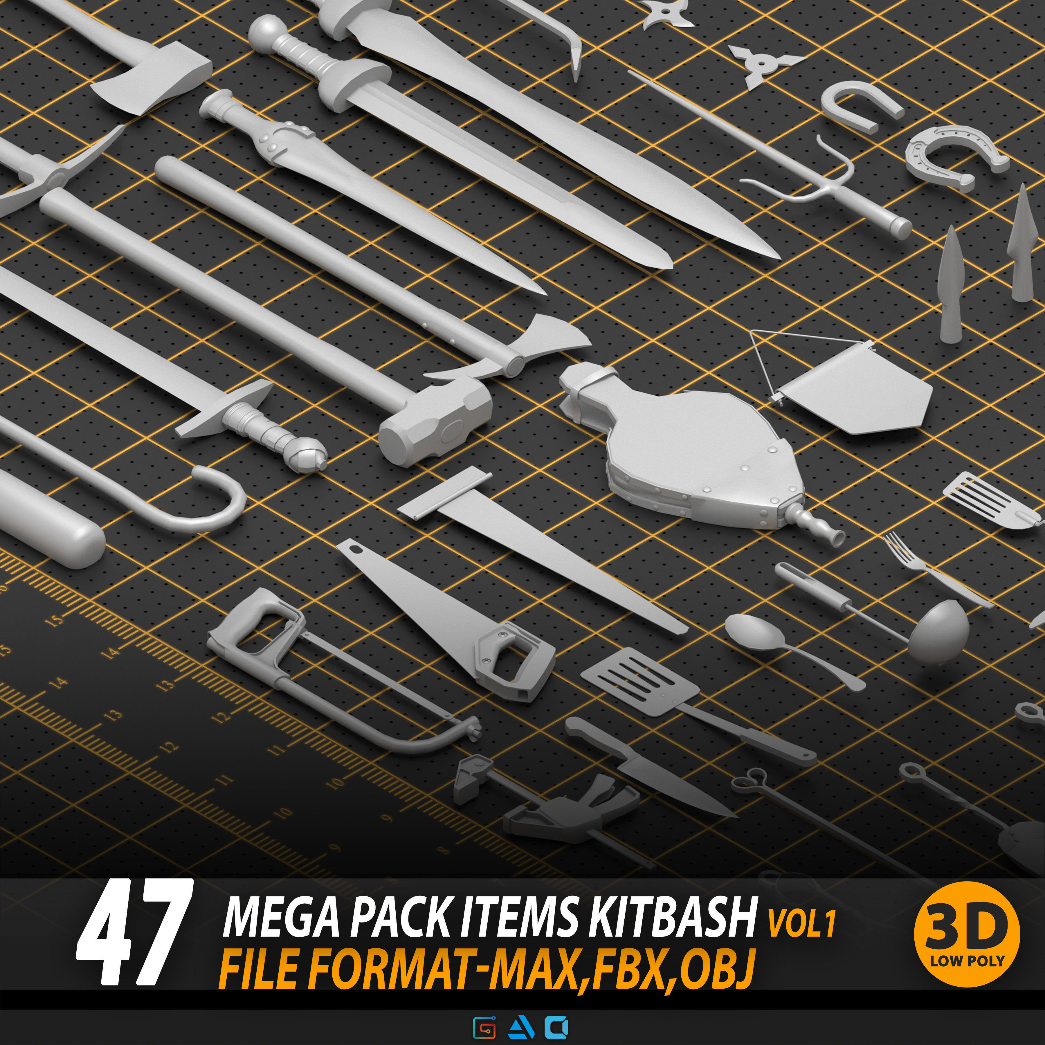 Mega pack items kitbash Low-poly 3D model_5