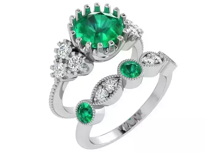 Round Diamond Emerald Ring Set 4817