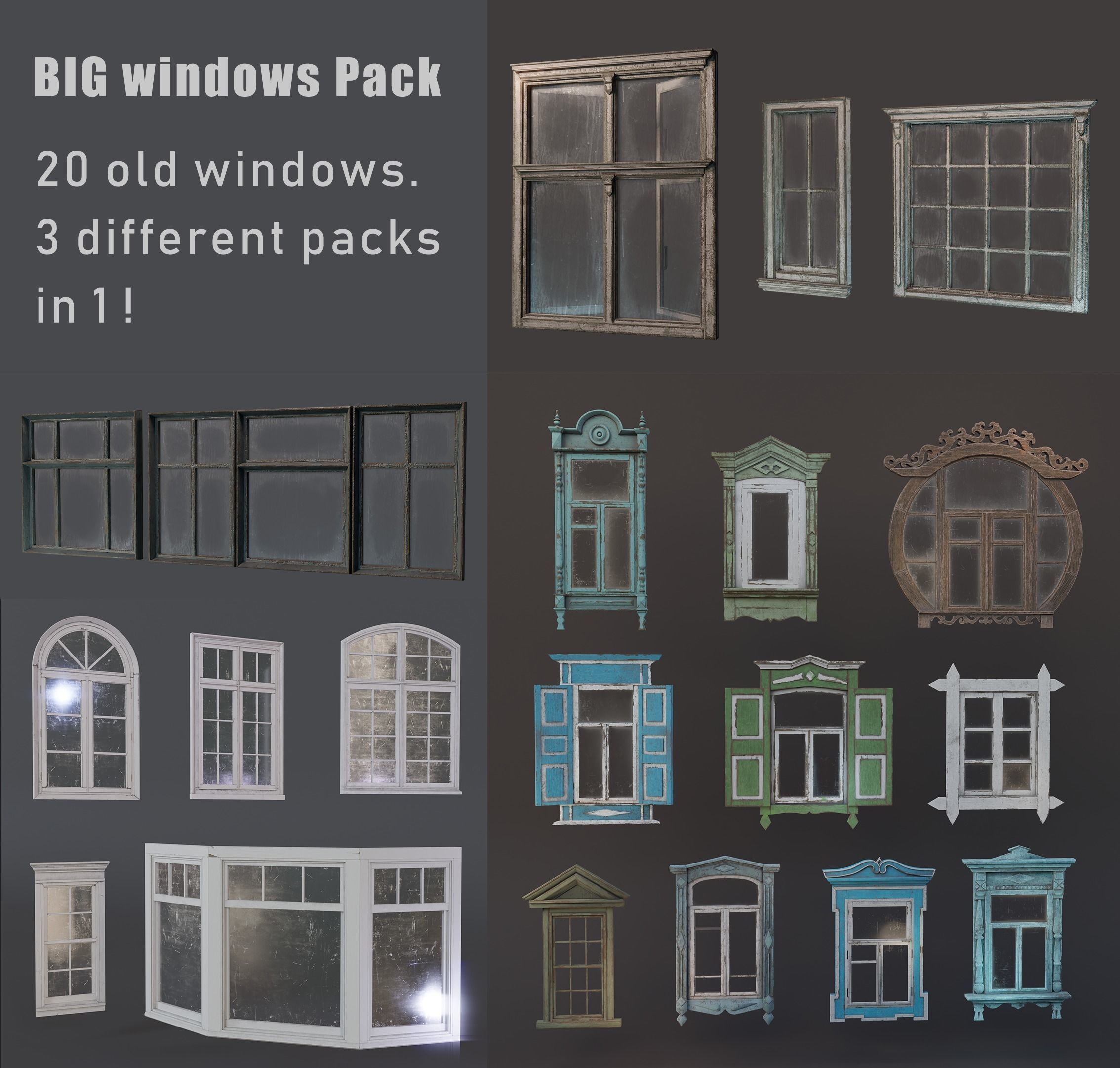 20 old windows pack Low-poly 3D model_1