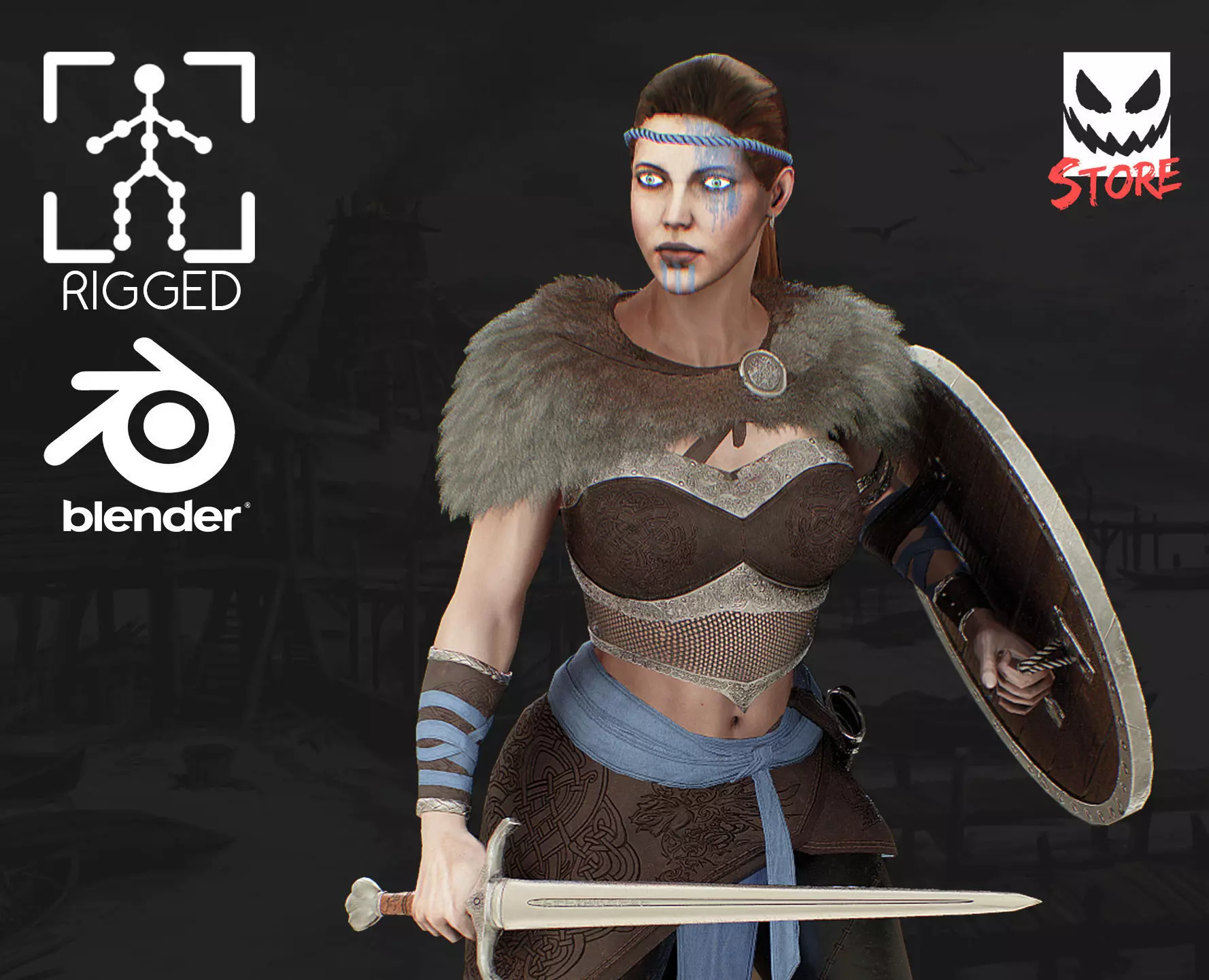 Viking woman Low-poly 3D model_0