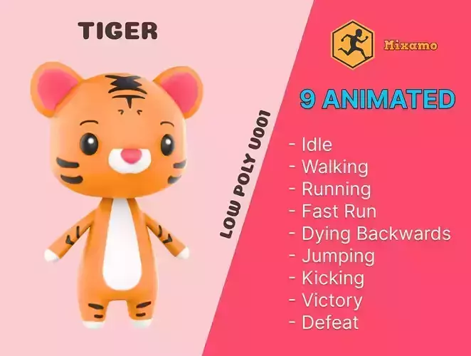 Tiger low poly animated v001 Low-poly 3D model