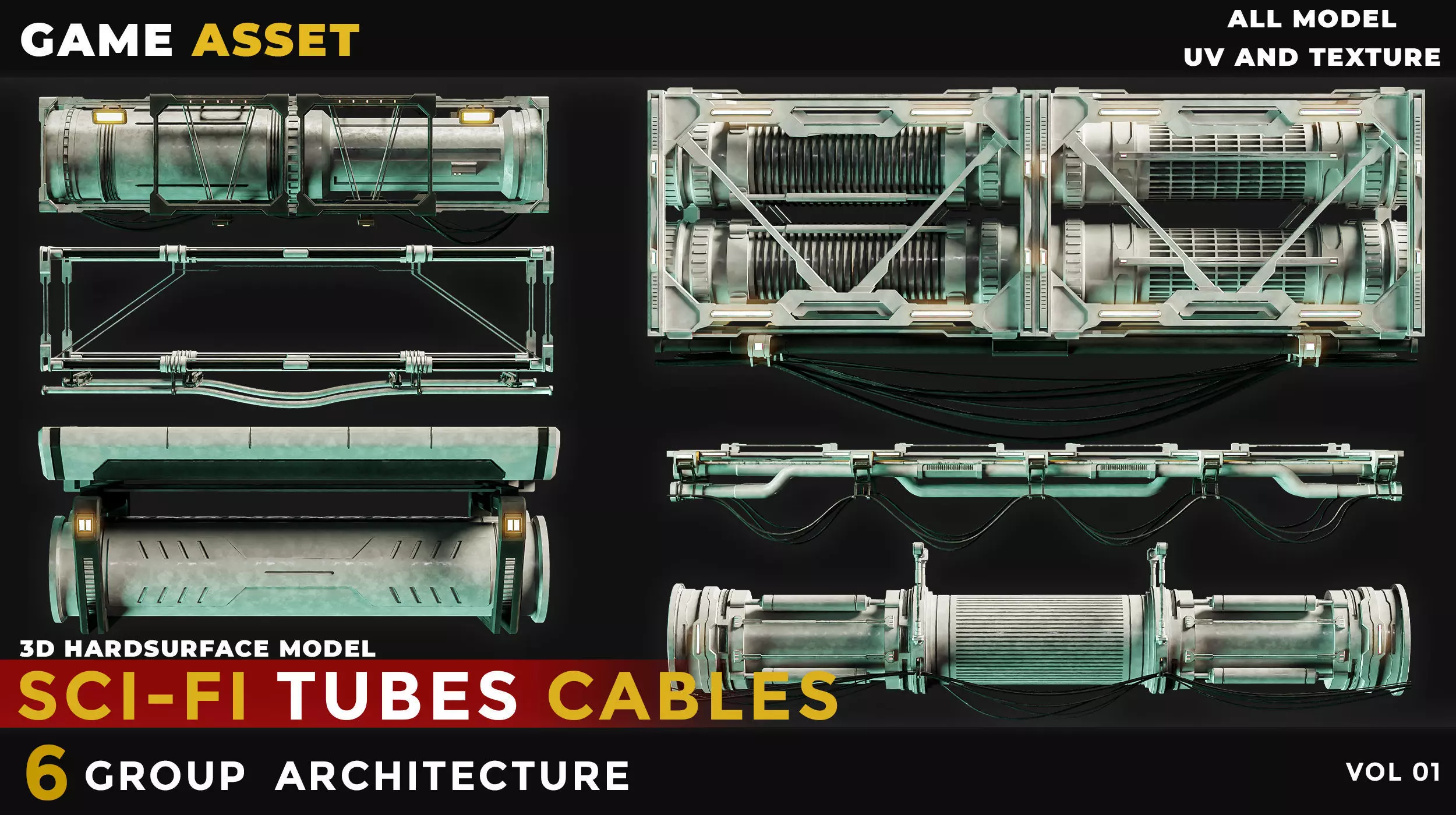 6 Sci-Fi Tubes Cables vol 01 Low-poly 3D model_0