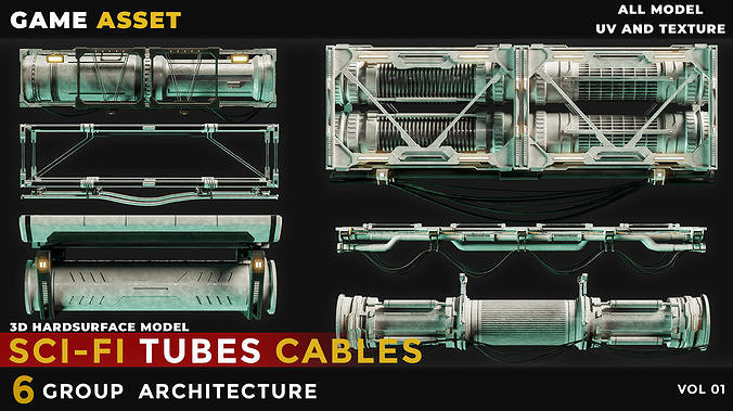 6 Sci-Fi Tubes Cables vol 01 Low-poly 3D model