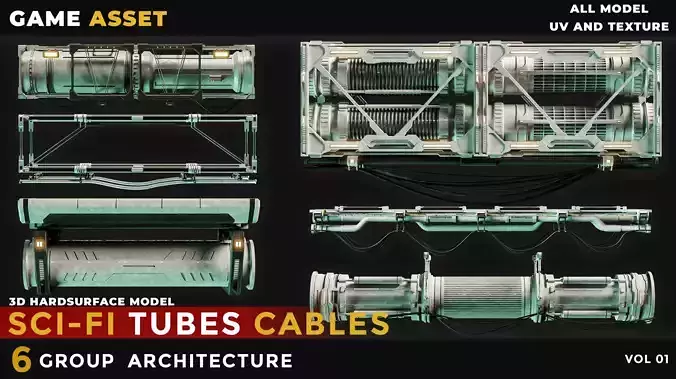 6 Sci-Fi Tubes Cables vol 01 Low-poly 3D model 6 Sci-Fi Tubes Cables vol 01 Low-poly 3D model