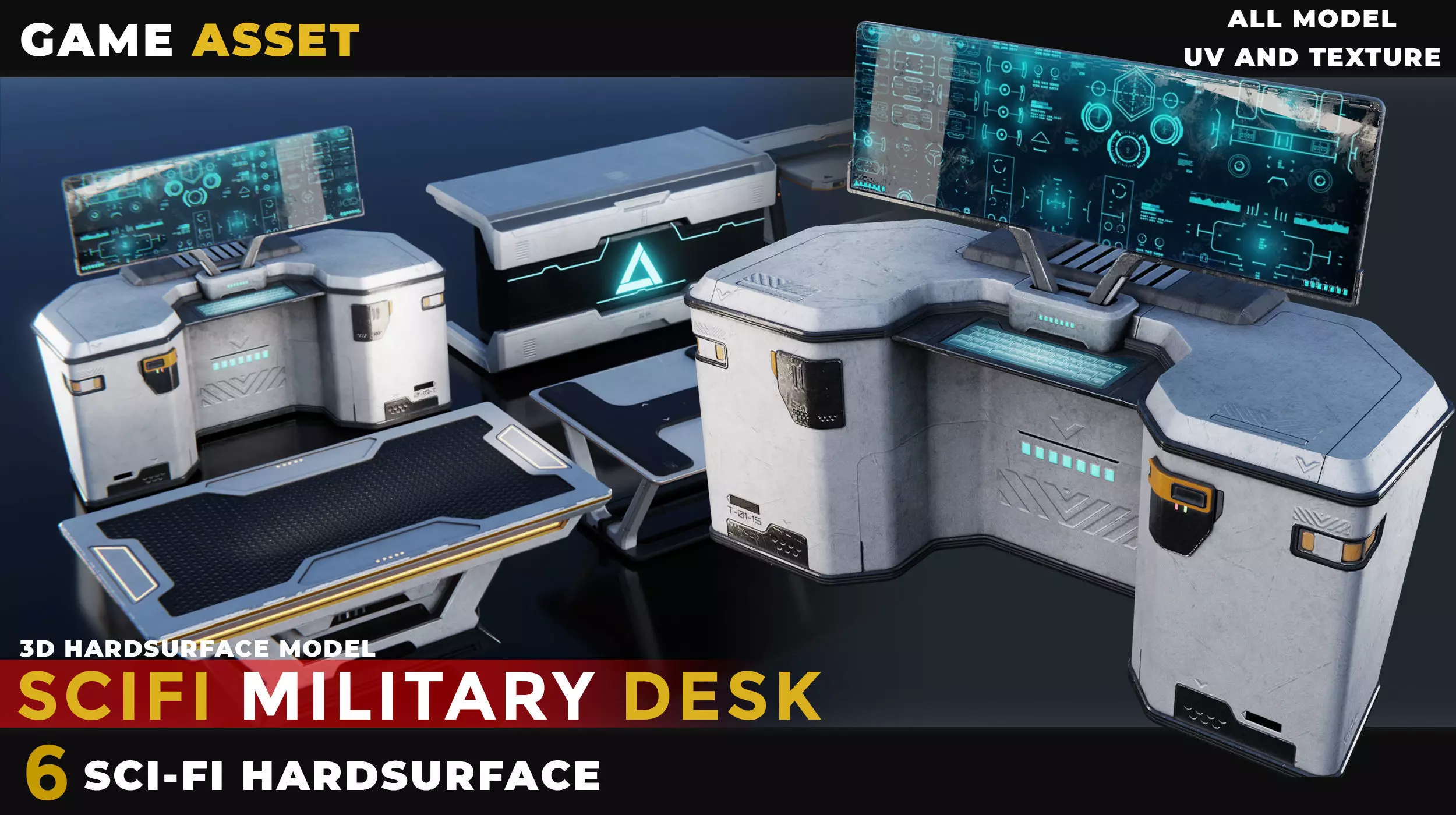 6 SCI-FI MILITARY DESK HARDSURFACE Low-poly 3D model_0