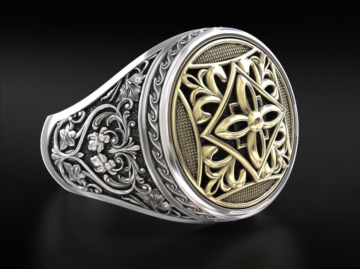 Vintage patterned ring with gold insert 794 3D print model_5