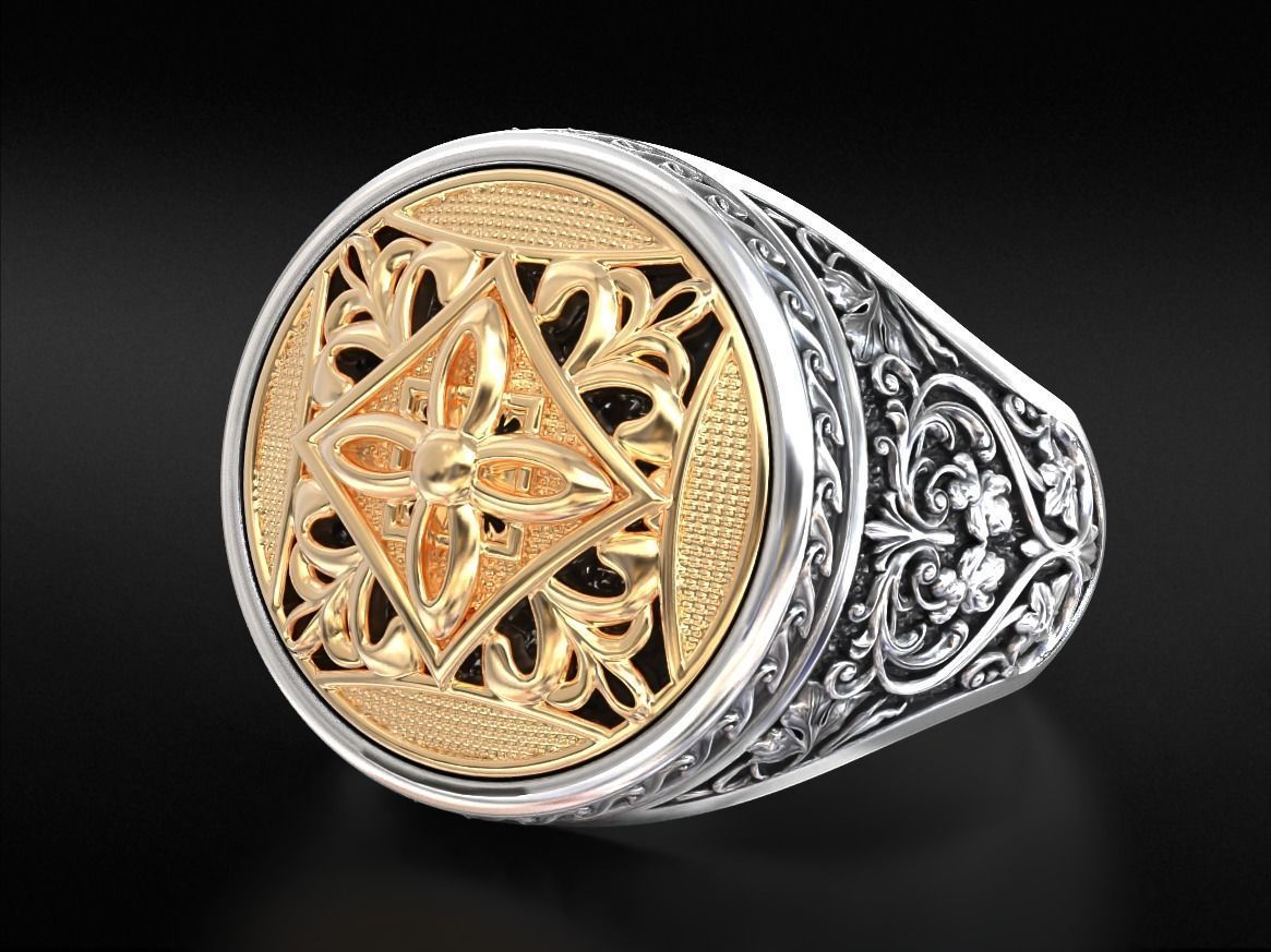 Vintage patterned ring with gold insert 794 3D print model_1