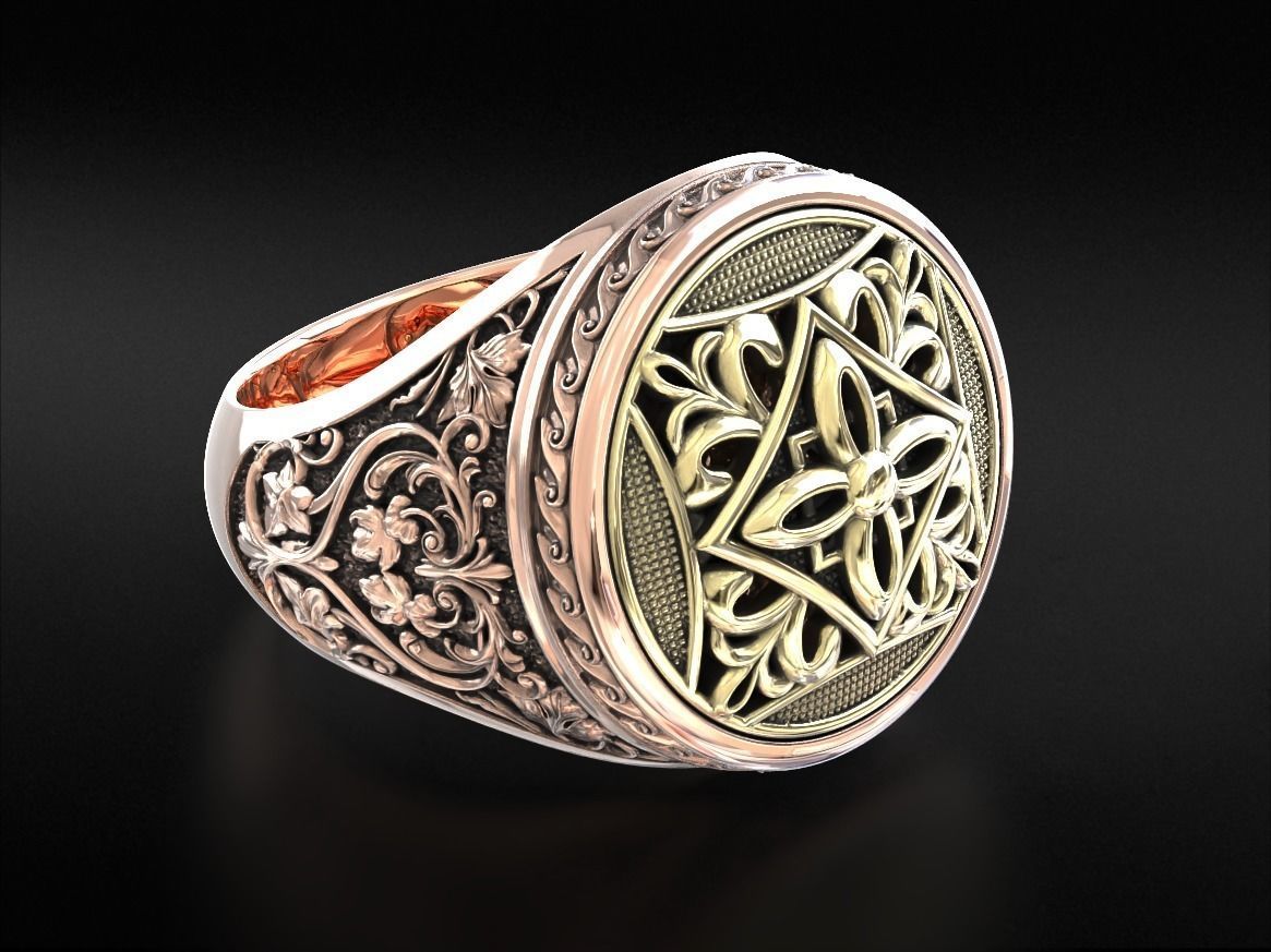 Vintage patterned ring with gold insert 794 3D print model_10