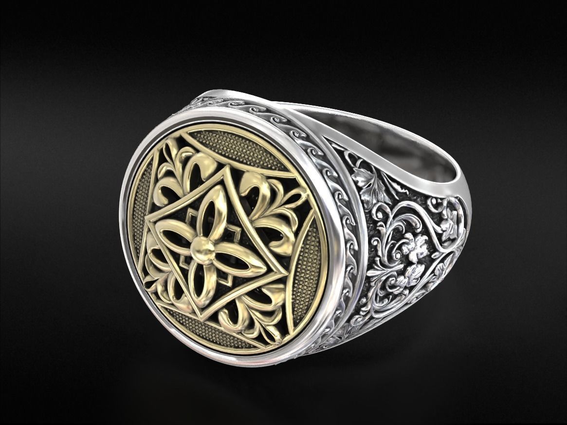 Vintage patterned ring with gold insert 794 3D print model_4