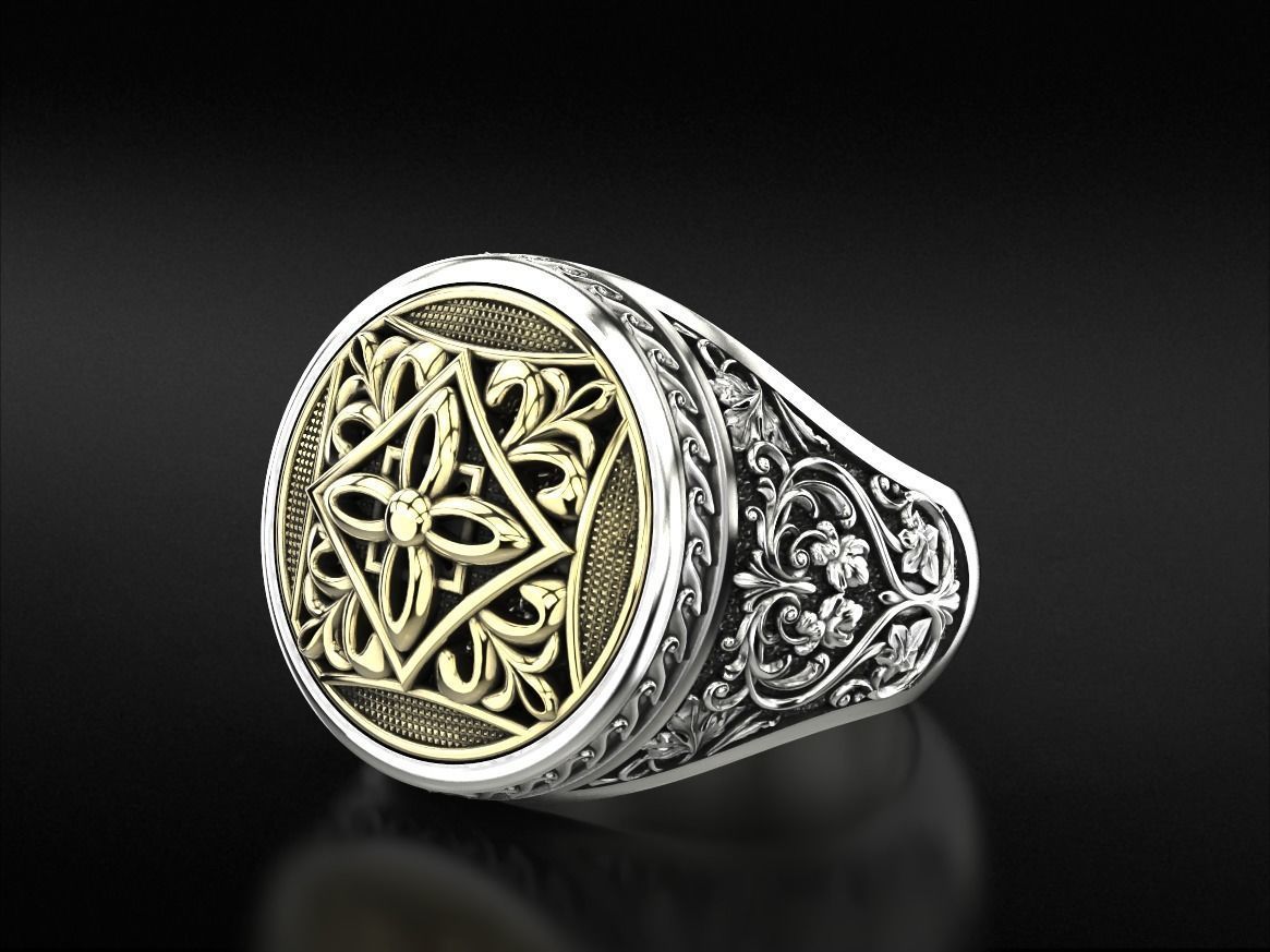 Vintage patterned ring with gold insert 794 3D print model_3