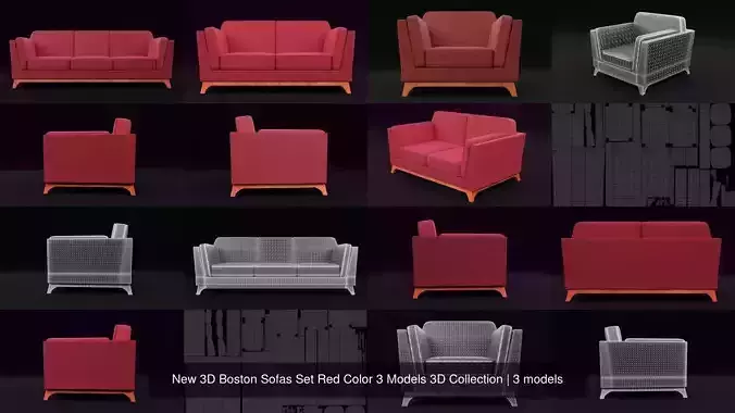 New 3D Boston Sofas Set Red Color 3 Models 3D Collection  New 3D Boston Sofas Set Red Color 3 Models 3D Collection