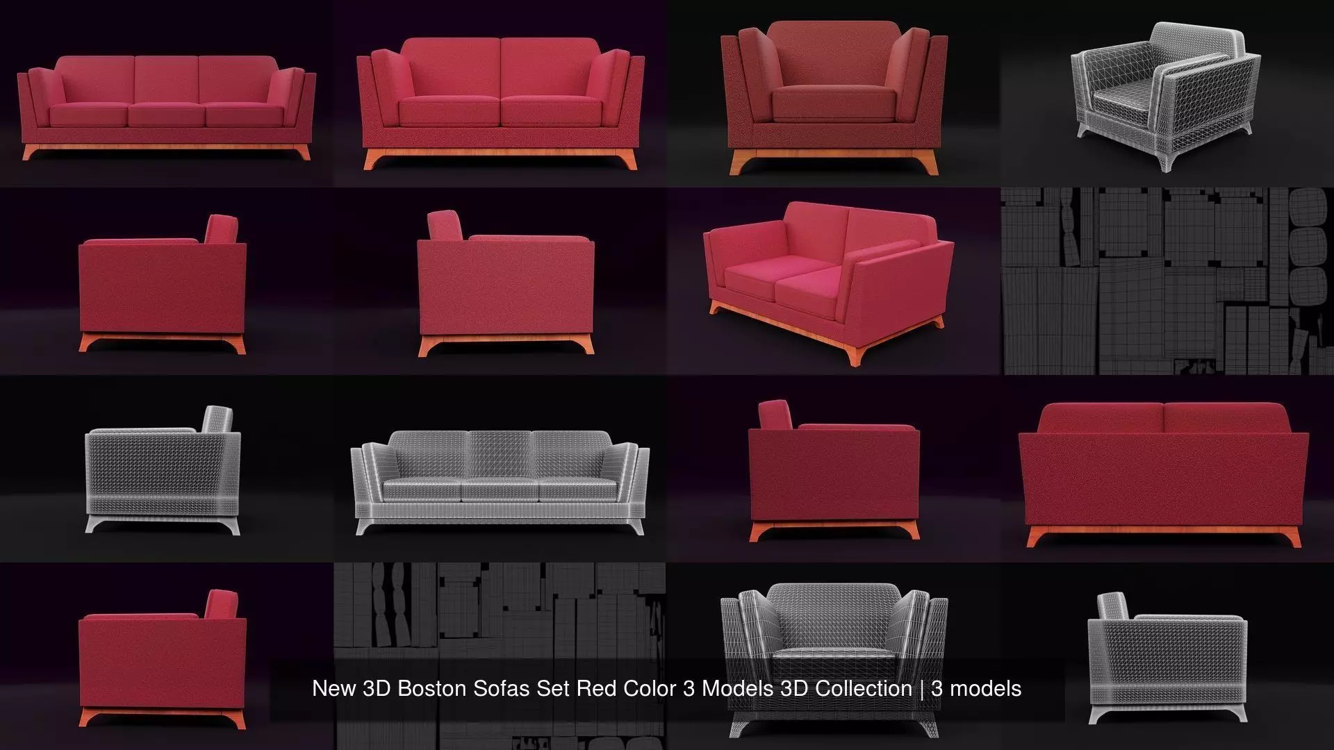 New 3D Boston Sofas Set Red Color 3 Models 3D Collection _0