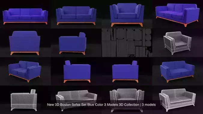 New 3D Boston Sofas Set Blue Color 3 Models 3D Collection 